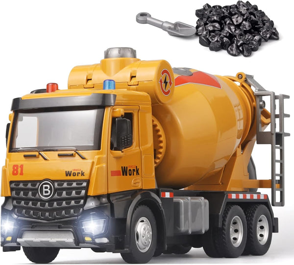 Cement Mixer Construction Toys, Metal DieCast Cement Mixer Truck Model with Simulated Sounds and Lights