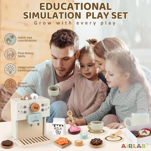 Playset 3 4 5 Airlab Toy Coffee Maker for Kids Wooden Kitchen Accessories Pretend Play Toddler Coffee for Girls Boys