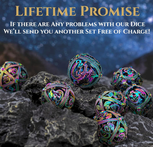 Set Set Metal DND Dice - Unique Round Hollow Orb Design for Better Rolling - Beautiful Dragon for Role Playing Games