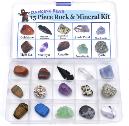DANCING BEAR 15 Pc Rock & Mineral Collection, Beginner Starter Set for Kids' Gemstone Education