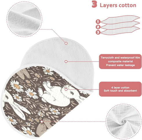 Bulletgxll Set 4, White and Brown Rabbits Unisex Baby Burp Cloths of Soft Absorbent Organic Cotton Muslin Burping