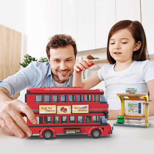 City London Bus Station Building Blocks Set, Double Deckers London Travel Bus and Station, STEM Play Toys