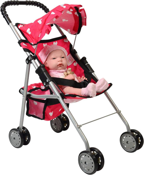 Pink Heart Design Doll Stroller with Basket - Foldable & Stylish