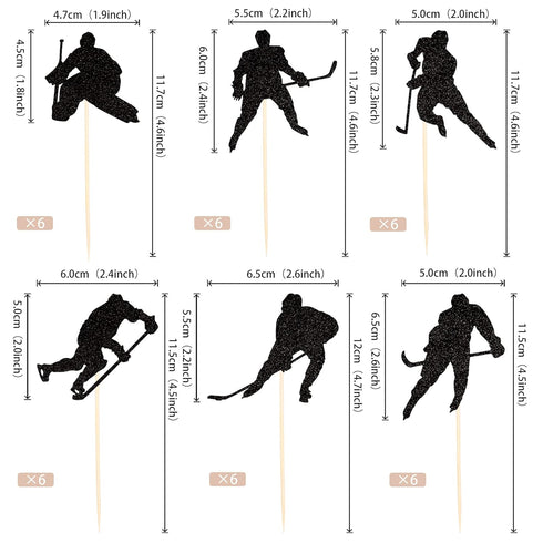 24 PCS Hockey Cupcake Toppers, Black Glitter Hockey Players Picks for Baby Shower and Birthday Party Decorations