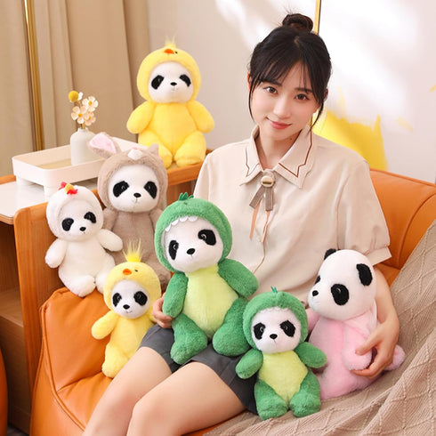 Cute Stuffed Panda Animal, 12 Inch Plush Toy Cosplay as Pink Dinosaur, Soft Panda Plushies for Kids