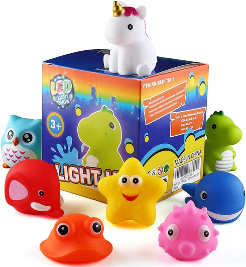 Bath Toys Set of 8 Pcs Light Up Floating Rubber Animal Toys, Color Changing Light for Kids Bathtub Games