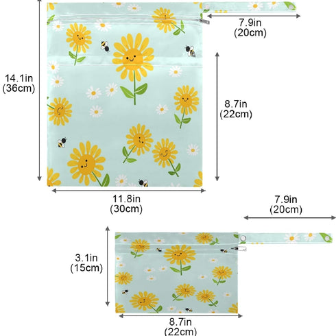 visesunny 2Pcs Sunflower Bee Daisy Green Leaf Wet Bag with Zippered Pockets Washable Reusable Roomy