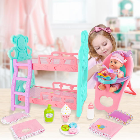 12 13 14 Inch,Great deAO Baby Doll Accessories Bunk Bed Crib & High Chair,Doll Furnitures Toy Bed Doll Crib for Twin
