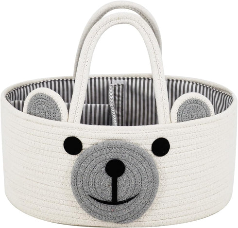 Home & Tots Baby Diaper Caddy Organizer, Large Cotton Rope Nursery Storage Basket (White, Bear Design)