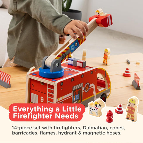 Set 3 2+ Nene Toys Wooden Fire Truck Toy FSC Fire Engine with Rotating Ladder, Magnetic Hose, Hydrant, Firefighters