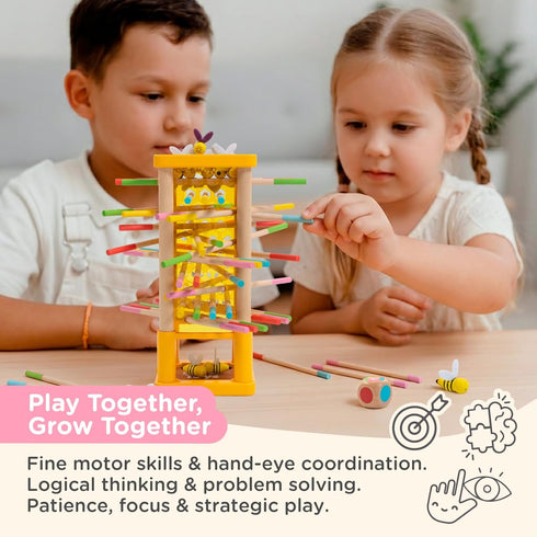 3+ 4-in-1 Nene Toys BeeFall Wooden Tower Game for Kids Stick Drop Bee Game with Dice & Action Cards, Rainbow Sticks