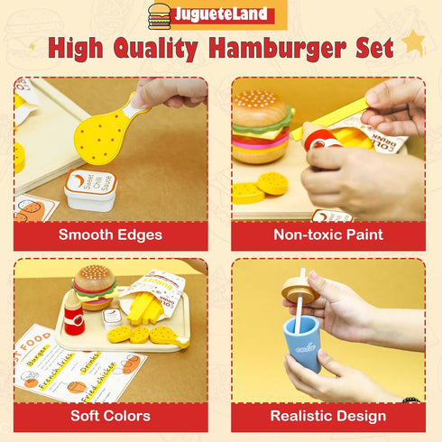 Set Set Wooden Play Fast Food Play Kitchen Accessories, Pretend Play Food Hamburger French Fries Toy, Restaurant Play