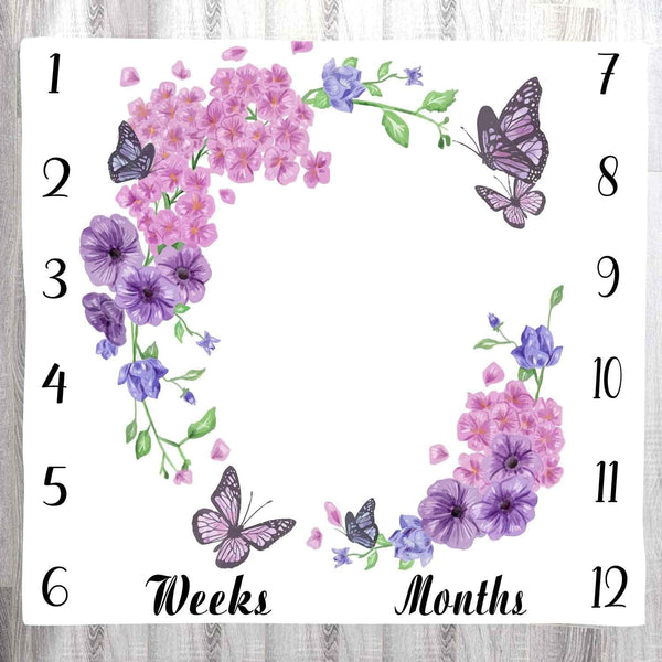 Baby Age Blanket, Purple Floral Butterfly Monthly Milestone Blanket, 48x40 Inch Baby Memory Blanket for Girls BTLSLY635