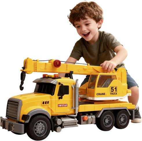 15 Crane Truck Toy with Lights & Sounds, Friction-Powered Engineering Vehicle for