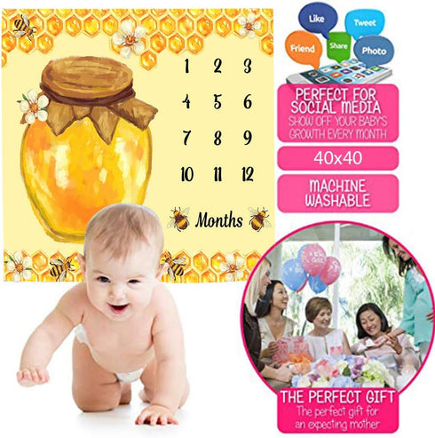 Bees Theme Baby Monthly Milestone Blanket, 48x40in, Soft Flannel, Baby Shower Age Growth Tracker