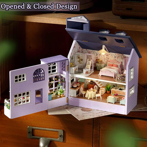 TuKIIE DIY Miniature Dollhouse Kit with Furniture, 1:32 Scale Opened & Closed Wooden House for Kids