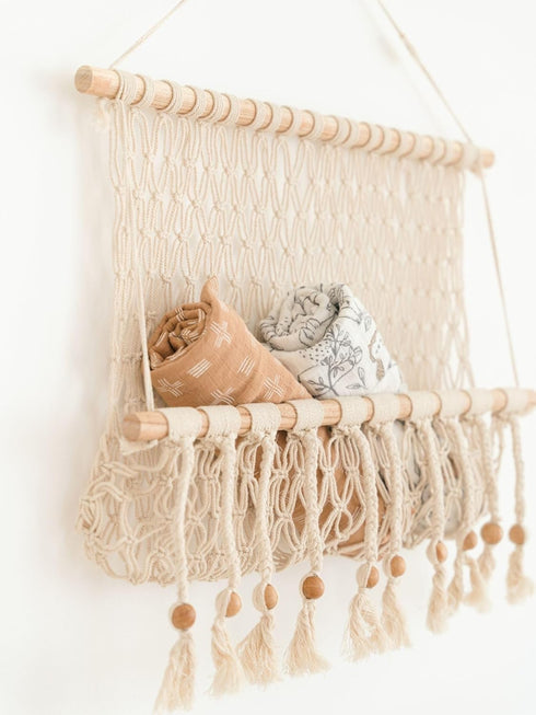 16" 22" Crane Baby Macrame Hanging Storage Bin for Nursery, Boho Baby Decor, Baby Toy Hanging Basket Wall Storage