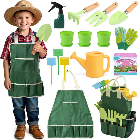 JOI MEW Kids Gardening Tools Set, Garden Toys w/Wooden Handle Alloy Rake,Fork,Trowel,