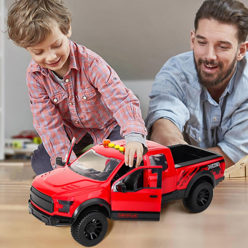 3+ Red Pickup Truck Toy with Lights and Sound Effects, Featuring Doors That Open, Toy Cars Gifts for Year Old Kids.