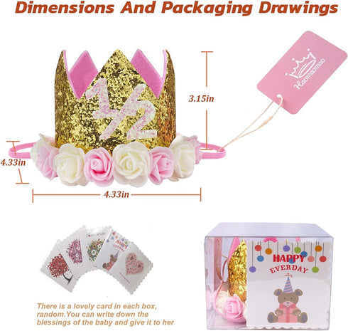 Baby Birthday Crown, Princess Tiara Girls Party Hat with Gold Glitter and Pink Roses for Decorations