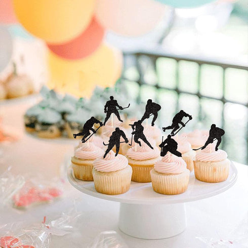 24 PCS Hockey Cupcake Toppers, Black Glitter Hockey Players Picks for Baby Shower and Birthday Party Decorations