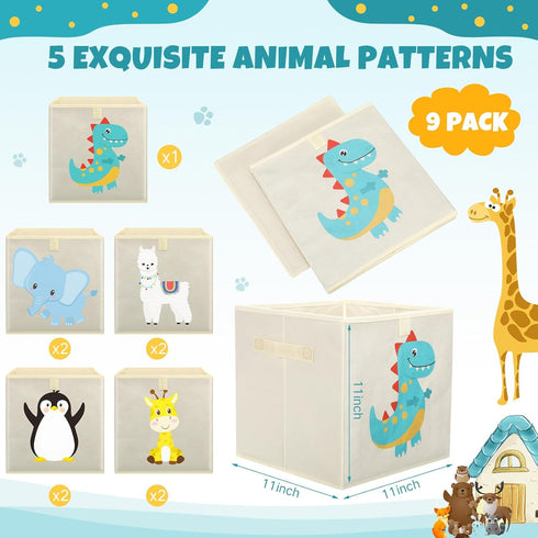 Aliceset 9 Pcs Foldable Animal Cube Storage Bins, 11 x 11 Inches Fabric Toy Box for Home Kids Room Closet