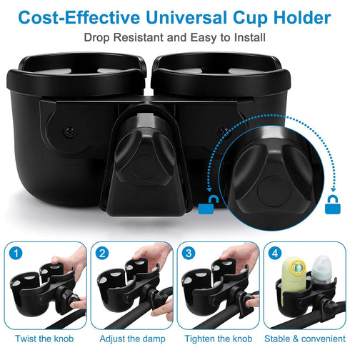 Accmor Double Cup Holder for Stroller, Universal Bike Cup Holder, 2-in-1 Cup and Phone Holder for Stroller, Wheelchair