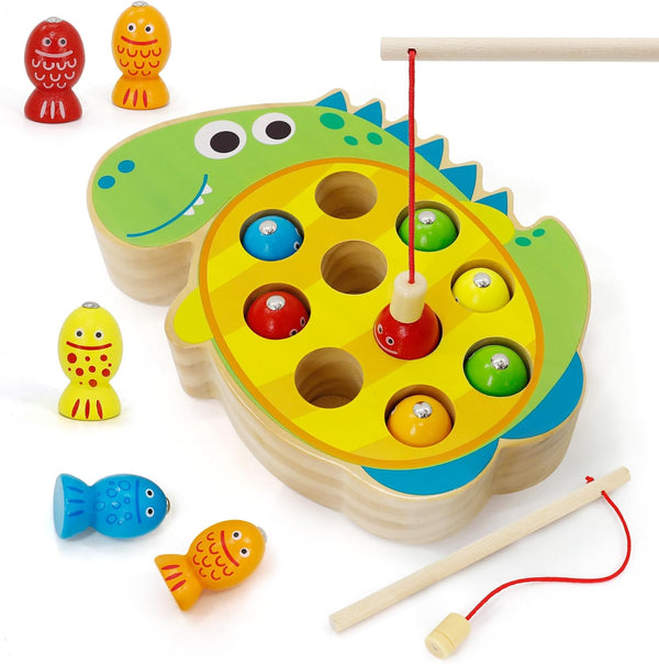 JooKiddie Wooden Magnetic Fishing Game, Dinosaur Magnetic Fishing Toy for Kids 3-5, Montessori