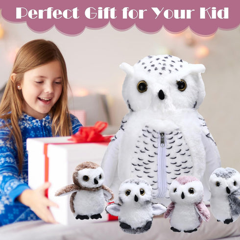 Hollowfly 5 Set 15.7" Mommy 4 Set Pcs Owls Plush Toy Gift White Owls with Cute Babies Stuffed Animal in Zippered Belly