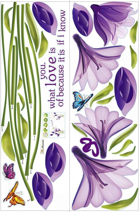 Removable Purple Lovely Lily Flowers Wall Stickers - DIY Flower Vines Art Quotes and Butterfly Decal for Home
