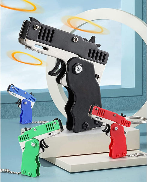 Kids Toys Cool Keychain Rubber Band - Mini Metal Folding Rubber Launcher Toy with 60 Bands