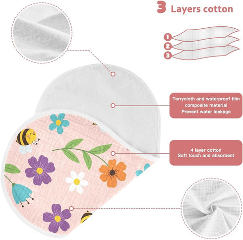 Qinllo 2 Pack 22" 11" Muslin Burp Cloths Floral Bee Pink Cotton Baby Burp Cloths Ultra Absorbent Soft Thick Burping
