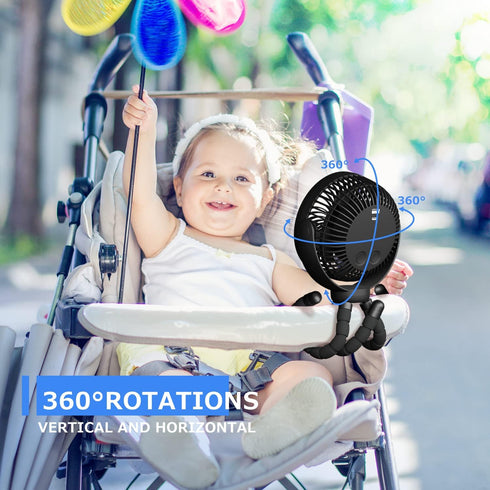 65Hrs 12600mAh Stroller Fan - Rechargeable, Timing Car Seat, Portable Clip On Battery Operated for Baby, Peloton