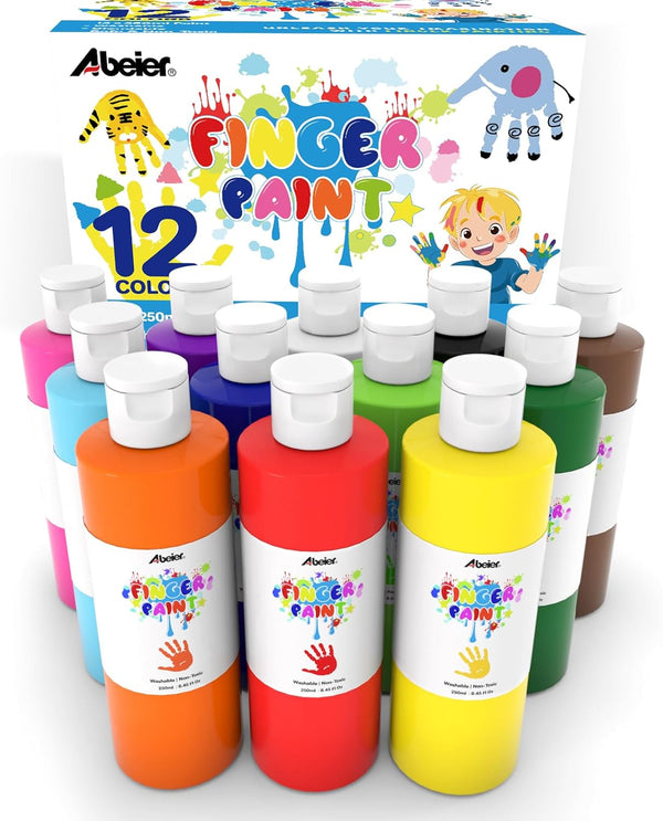 ABEIER Washable Finger Paint Bulk Pack for Toddlers, Safe Non-Toxic, 12 Vibrant