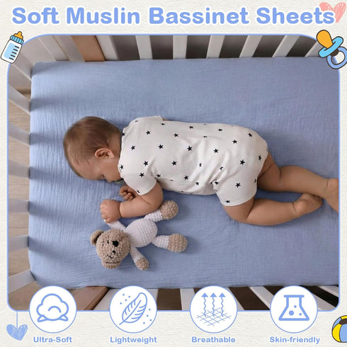 Tegeme 4 Pack Muslin Bassinet Sheets Soft Cotton Bassinet Fitted Sheets for Baby Boys Girls Neutral Solid Color Crib