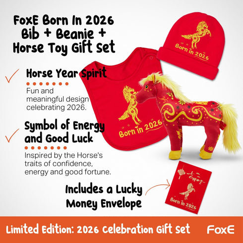 Set 2026 Set 100% 0-24 FoxE Year of the Horse Gift Born in - Bib, Beanie & Plush Toy Gift - with Chinese New Year Red