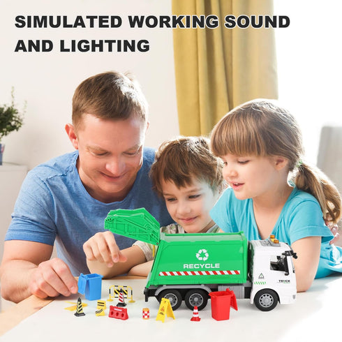 Mscredse 11" 3-7 Mini Garbage Truck Toy, Trash Truck Toy with Dumping Function, Friction Powered, Sound and Lights
