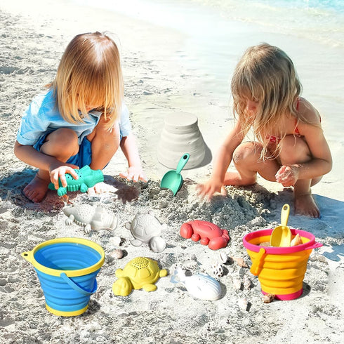 Set Collapsible Beach Toys for Kids Toddlers, Collapsible Sand Buckets Shovels with Mesh Bags and Sand Molds, Foldable