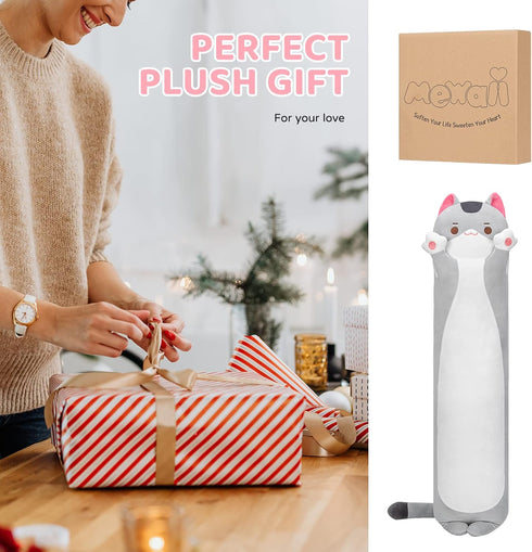 Long Cat Plush Body Pillow, 53 Inch Cute Gray Cat Stuffed Animal, Kawaii Plush Throw Pillow Gift