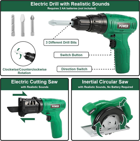 Set 36 Set 3 4 5 6 7 8, Vextronic Kids Tool PCS with Electric Toy Chainsaw Drill Circular Saw with Realistic Sounds