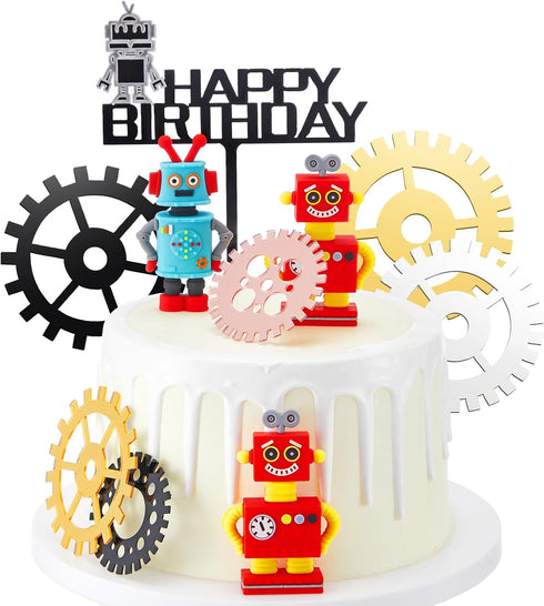 11 Pieces Robot Birthday Cake Toppers Gear Cake Cupcake Decorations Robot Themed