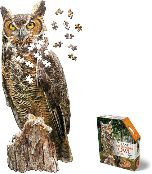 Madd Capp I AM Great Horned OWL 300 Piece Jigsaw Puzzle, Bird-Shaped, 29x12 Finished Size, Includes Fun Facts