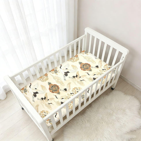 decor gift 1 Pack Japanese Cloud Flower Crane Beige Baby Crib Sheets for Boys Girls Cotton Baby Playard Sheet Soft