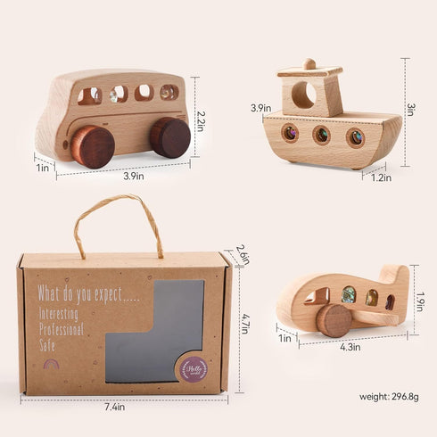 1-3, Set Wooden Cars for Toddlers Wooden Vehicles Baby Cars with Bus, Airplane and Boat, Montessori Rattle Toys