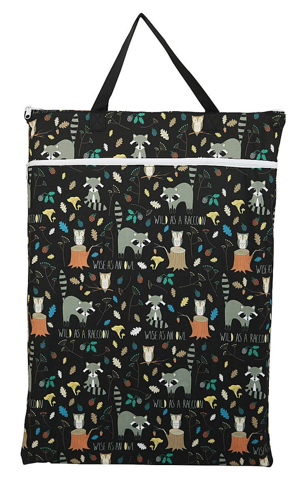 Large Hanging Wet/Dry Cloth Diaper Pail Bag for Reusable Diapers or Laundry, Raccoon Design