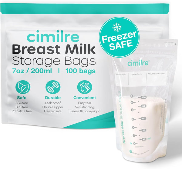 Breast Milk Storage Bags by Cimilre, Leak-Proof Breastmilk Storage Bags, Freeze Flat