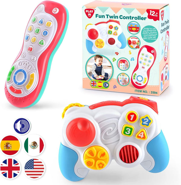 PLAY Baby Controller Toy - Bilingual Learning Toys, Pretend Video Game Controller & TV Remote Combo