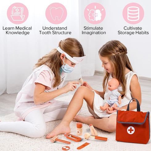 UMU Doctor Kit for Kids, 14PCS Wooden Pretend Toy Doctor Playset for Toddlers, Montessori Dentist Kit