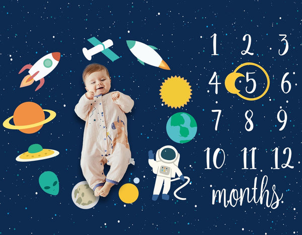 Baby Monthly Milestone Star Astronaut Boy Blanket - Newborn Swaddle, Party Favors,