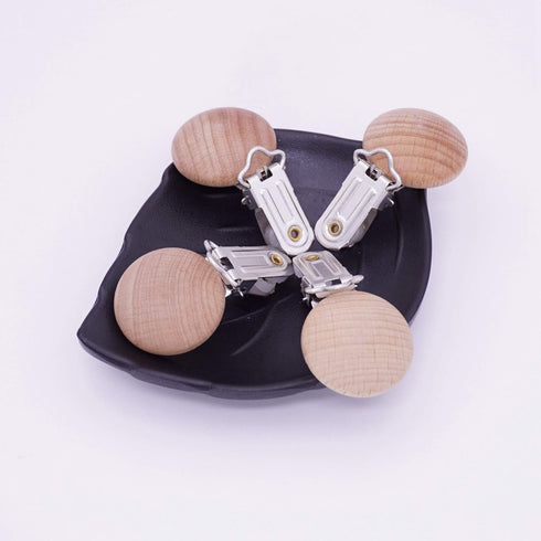10Pcs 30mm (1.18") Natural Wood Pacifier Holder Round Beech Metal Teether Wooden Beads Suspender Clips DIY Accessories